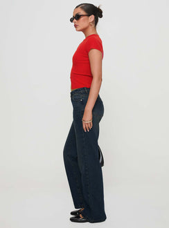 side view of model wearing Princess Polly Cybele Mid Rise Straight Leg Jeans Dark Denim Mid Rise Jeans Jeans 