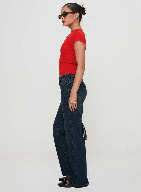 side view of model wearing Princess Polly Cybele Mid Rise Straight Leg Jeans Dark Denim Mid Rise Jeans Jeans 