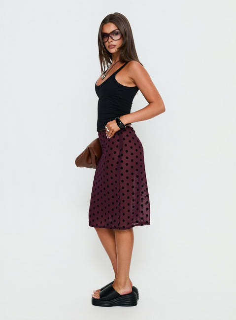   side view of model wearing Princess Polly Evani Sheer Chiffon Midi Skirt Polka Maroon Midi Skirts Skirts 