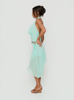 Featuring the Evaleine Asymmetrical Chiffon Midi Skirt Blue womens-skirts with asymmetry shape side view of model wearing Princess Polly