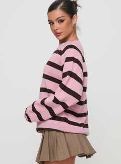 side view of model wearing Princess Polly Jacquette Knit Sweater Pink / Brown Longline Jumpers Jumpers 