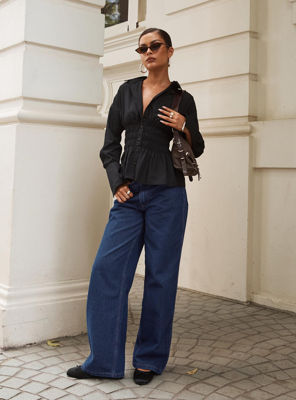 As You Are Shirred Button Up Top Black