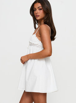 side view of model wearing Princess Polly Alchemy Mini Dress White V-Neck 