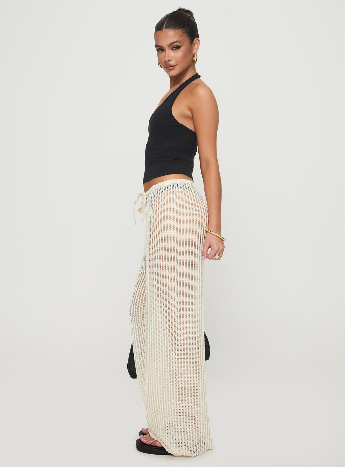 side view of model wearing Princess Polly Darcie Knit Pants Beige High Rise Pants Pants 