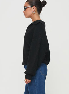 side view of model wearing Princess Polly Bella Notched Neck Sweater Black Cropped Jumpers Jumpers 
