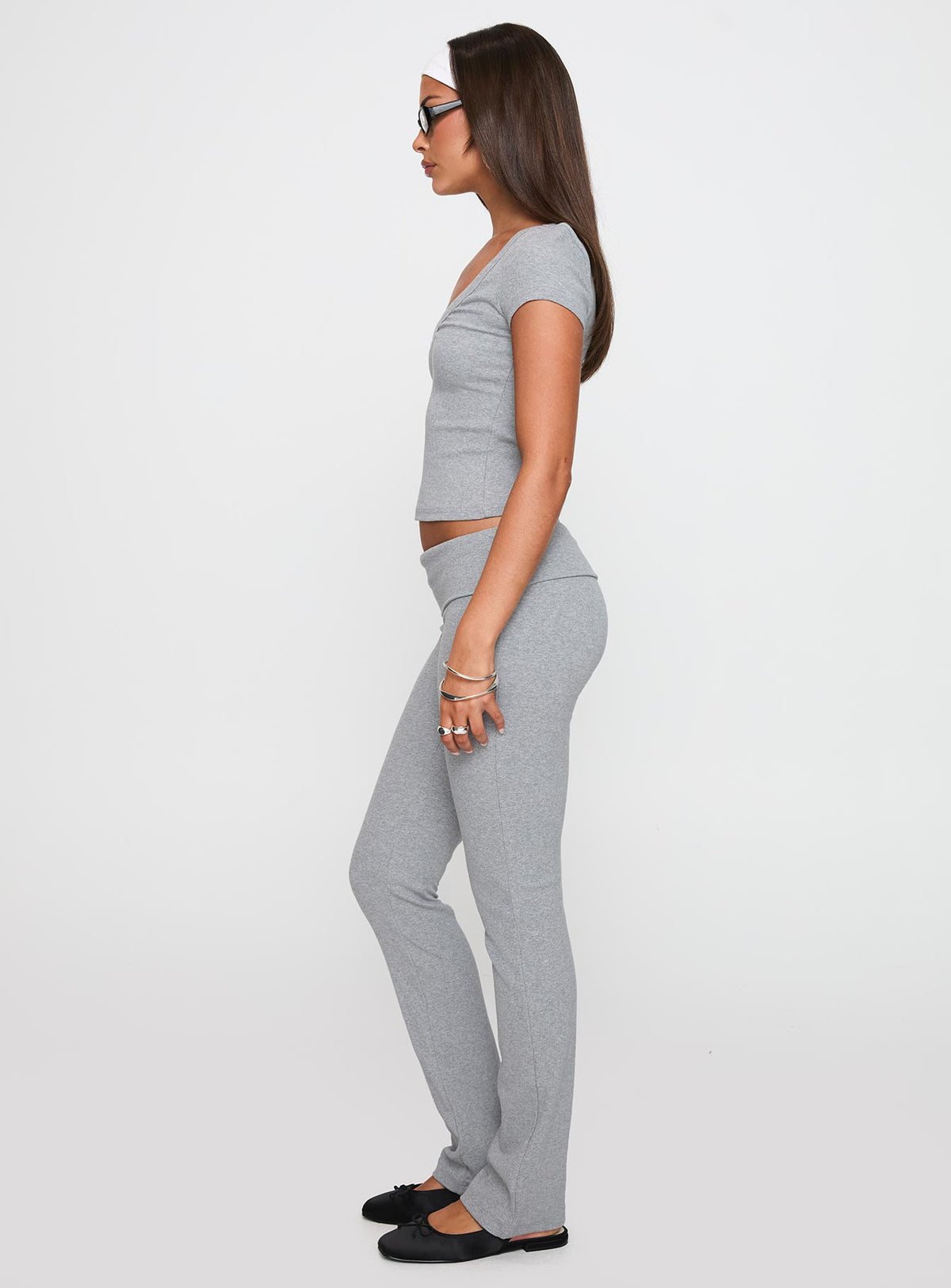 side view of model wearing Princess Polly Truth Be Told Straight Leg Pant Grey Marle Low Rise Pants Pants 