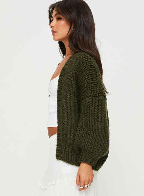 side view of model wearing Princess Polly Lester Knit Cardigan Olive Longline Jumpers Jumpers 