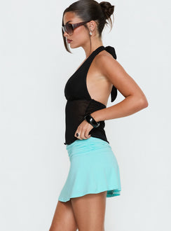   side view of model wearing Princess Polly Tamsyn Ruched Mini Skirt Aqua Skirts 