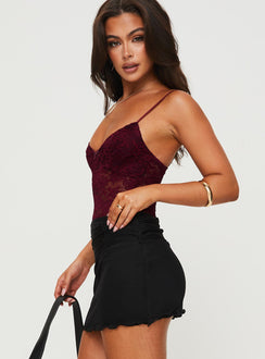 side view of model wearing Princess Polly Pennard Lace Bodysuit Wine Sleeveless Bodysuit 