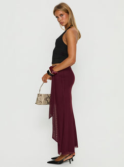   side view of model wearing Princess Polly Caviar Tie Maxi Skirt Currant Maxi Skirts Skirts 