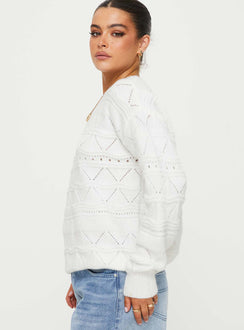side view of model wearing Princess Polly Pierce Pointelle Sweater Cream Longline Jumpers Jumpers 