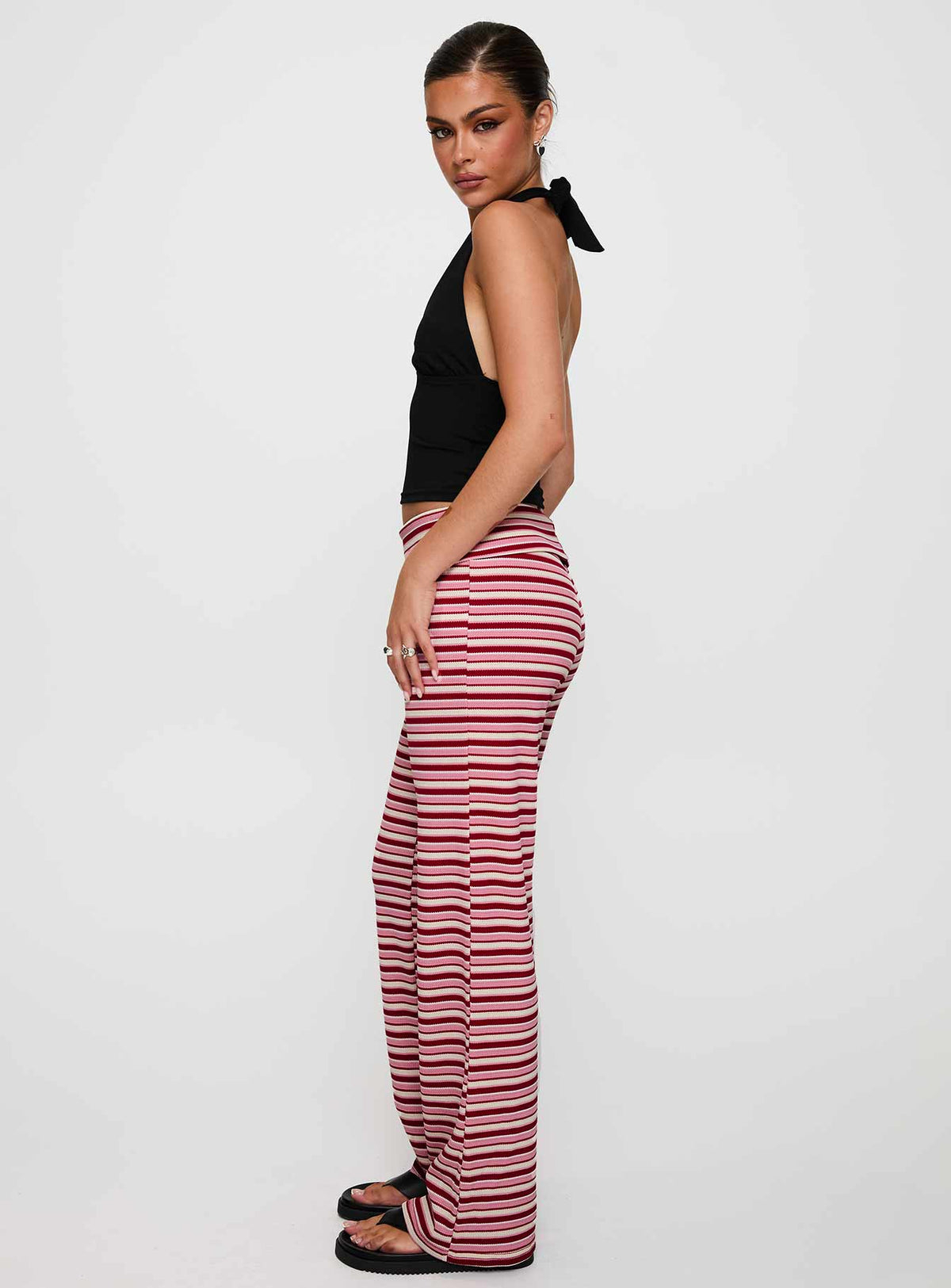 side view of model wearing Princess Polly Dreamgirl Folded Pant Pink Multi Mid Rise Pants Pants 