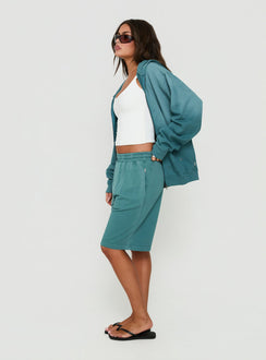 Discover the AT Fleece Baggy Jort in Washed Teal womens regular pants with mid-rise side view of model wearing Princess Polly