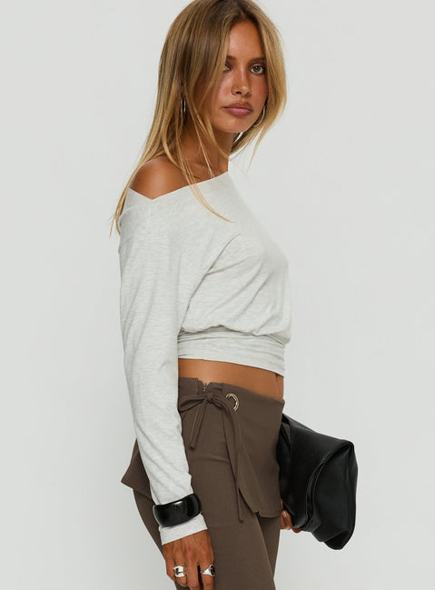 Ashlinn Off Shoulder Long Sleeve Drapey Top Grey Marle