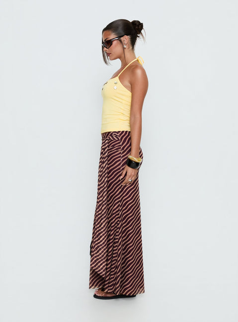   side view of model wearing Princess Polly Caviar Tie Maxi Skirt Brown Stripe Maxi Skirts Skirts 