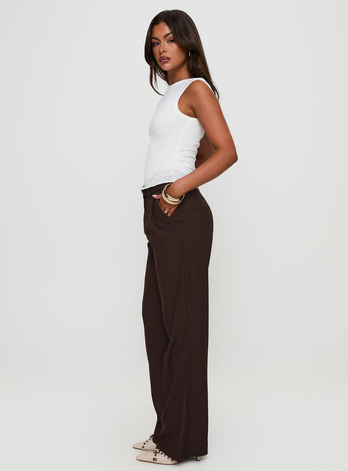 side view of model wearing Princess Polly Ambient Wide Leg Pant Chocolate High Waisted Pants 