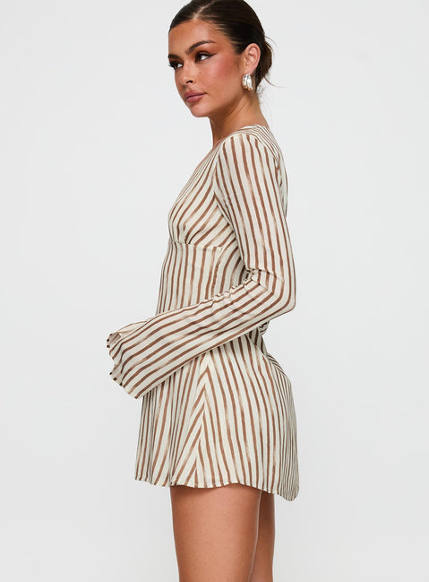 side view of model wearing Princess Polly The Good Life Mini Dress Brown / White Stripe Plunger 