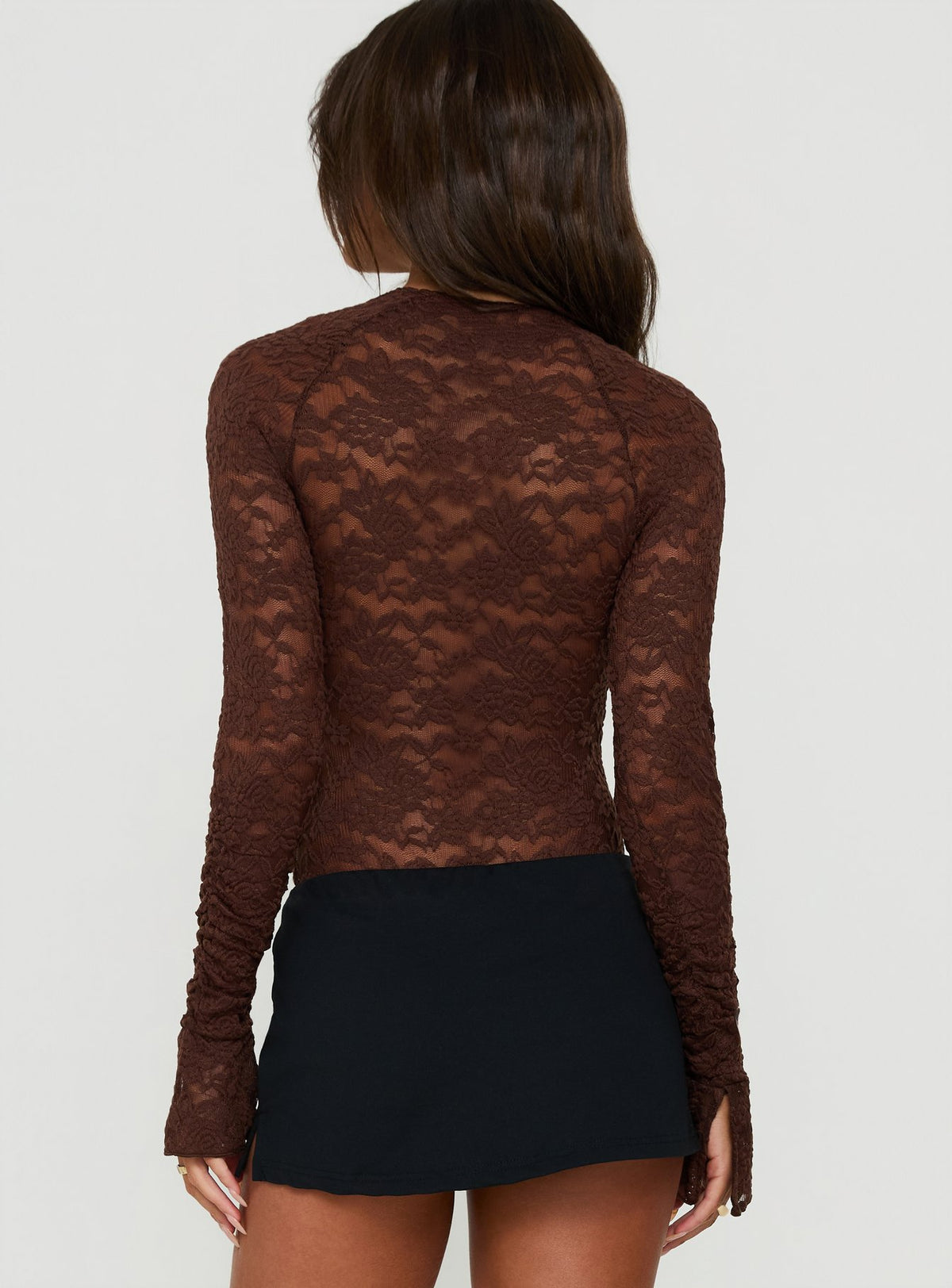 Designed with the Giallo Long Sleeve Bodysuit Brown womens-bodysuit featuring full sleeves back view of model wearing Princess Polly