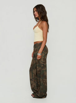 Designed with a mid-rise waist, the Seylah Waffle Jersey Pants in camo featuring wide-leg cut, womens regular pants, side view of model wearing
