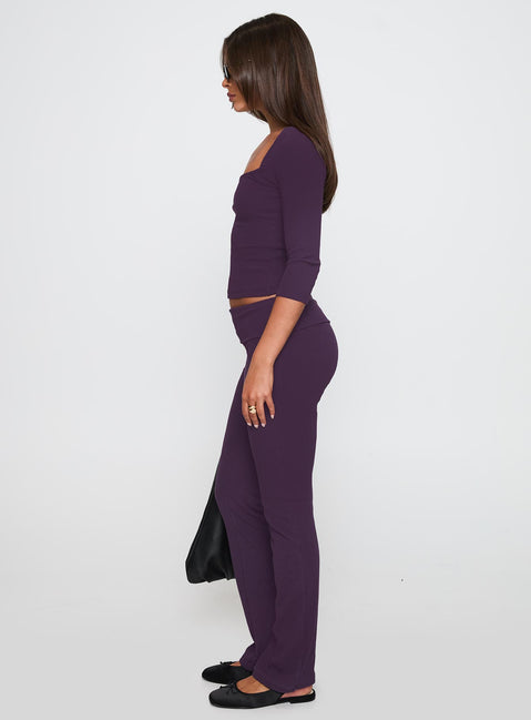 side view of model wearing Princess Polly Truth Be Told Straight Leg Pant Purple Low Rise Pants Pants 