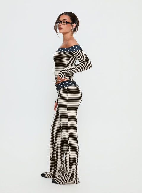 side view of model wearing Princess Polly Virenna Fold Over Pants Black Multi Mid Rise Pants Pants 