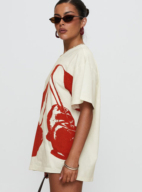 side view of model wearing Princess Polly Cherrie Amore Oversized Tee White Half Sleeves Crew Neck 