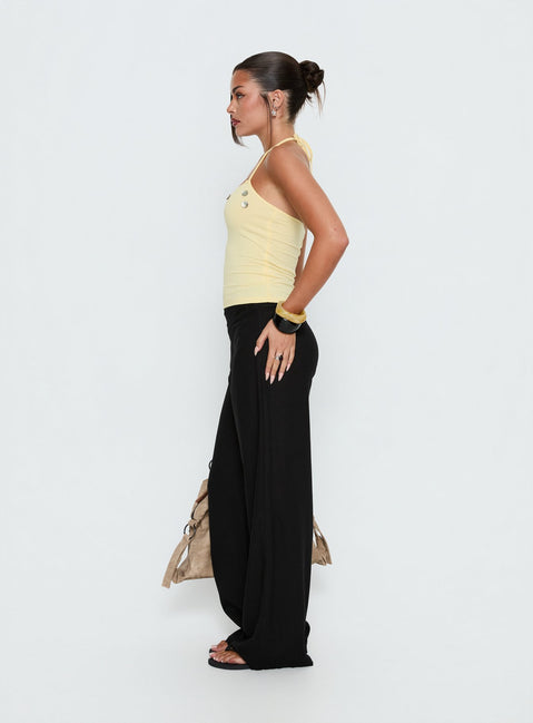 side view of model wearing Princess Polly Peroma Linen Straight Leg Pants Black High Rise Pants Pants 
