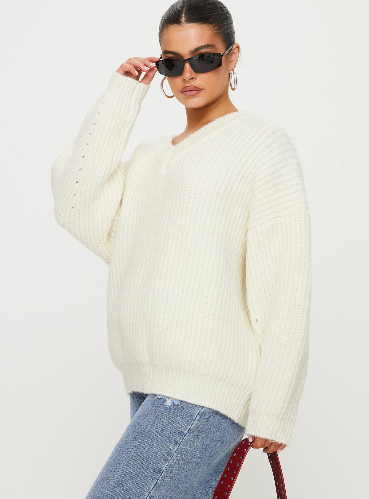 side view of model wearing Princess Polly Jem Oversized Sweater Cream Longline Jumpers Jumpers 