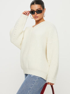 side view of model wearing Princess Polly Jem Oversized Sweater Cream Longline Jumpers Jumpers 