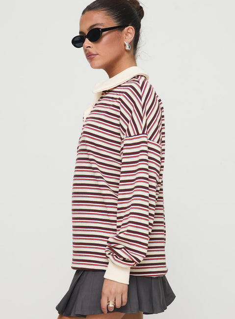 side view of model wearing Princess Polly Rierie Rugby Jersey Porcelain Multi Longline Jumpers Jumpers 