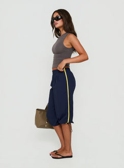 Featuring the Riyah 3/4 Low Rise Nylon Pants Navy in womens-regular-pants with striped elements side view of model wearing Princess Polly