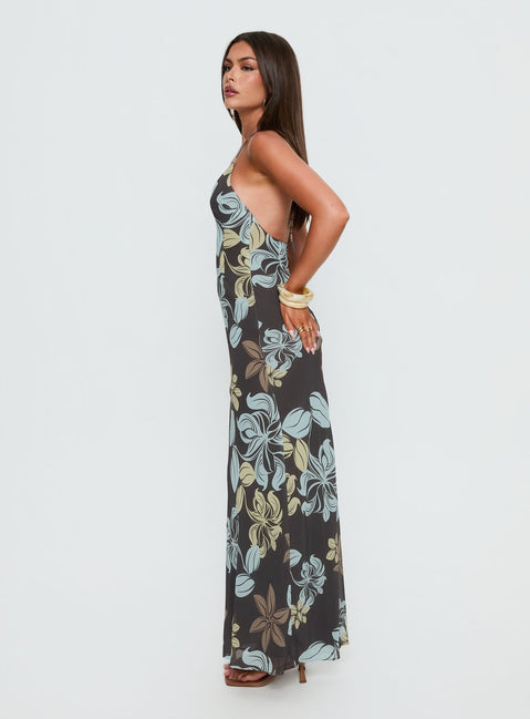Esmira Halter Maxi Dress Chocolate / Blue Floral