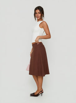 Discover the Such Delight Linen Midi Skirt Chocolate womens-skirts side view of model wearing Princess Polly