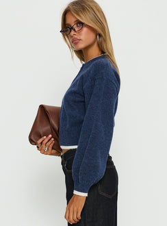 side view of model wearing Princess Polly Amandi Zip Through Knit Jumper Navy / Cream Cropped Jumpers Jumpers 