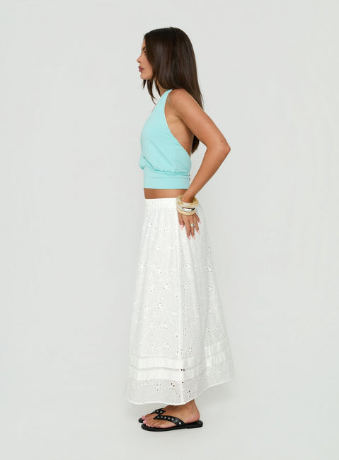 Featuring the Isolie Tiered Maxi Skirt White Anglaise in womens-skirts with relaxed fit and lace hem side view of model wearing Princess Polly