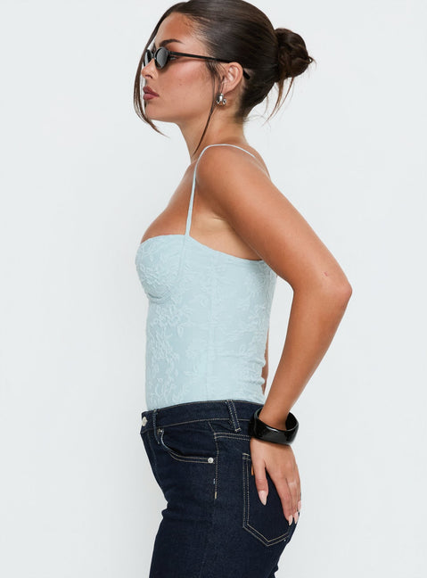 side view of model wearing Princess Polly Alorah Textured Bodysuit Blue Sleeveless Bodysuit 