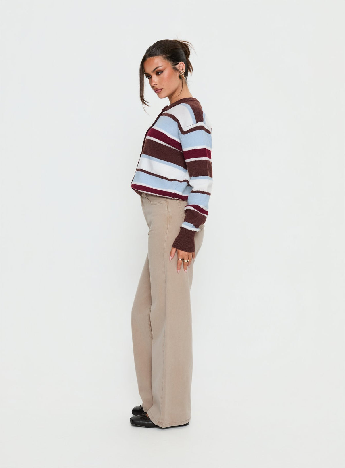side view of model wearing Princess Polly Nicolo High Rise Straight Leg Jeans Concrete High Rise Jeans Jeans 