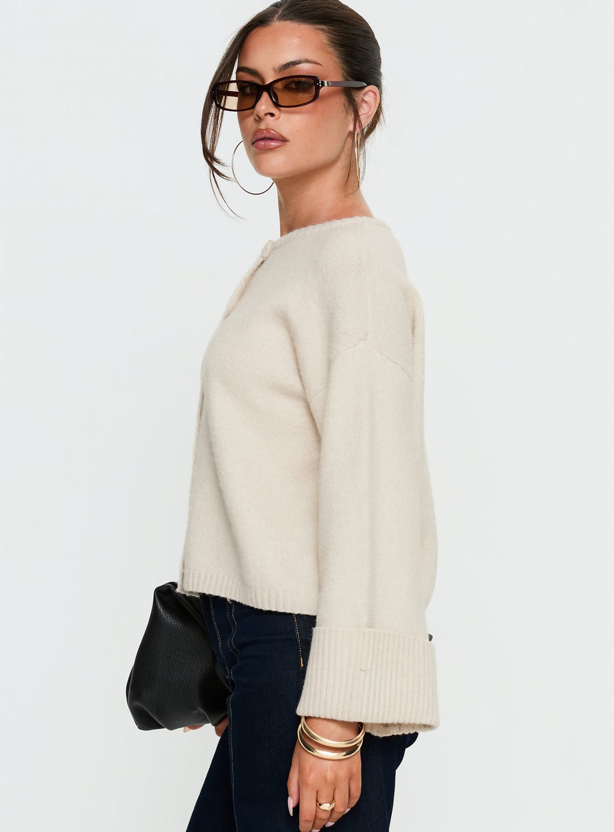 side view of model wearing Princess Polly Shinead Cuffed Knit Cardigan White Cropped Jumpers Jumpers 