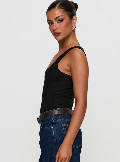 side view of model wearing Princess Polly Baseline Rib Bodysuit Black Sleeveless Bodysuit 