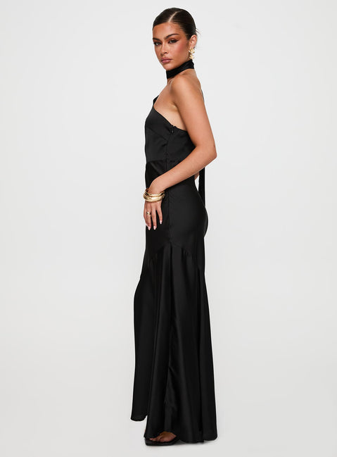 side view of model wearing Princess Polly Elixaire Scarf Maxi Dress Black Asymmetric Neckline 