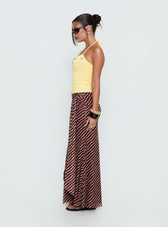 Showcasing the Caviar Tie Maxi Skirt Brown Stripe Tall in womens-skirts with maxi length side view of model wearing Princess Polly