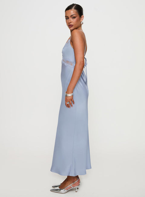 side view of model wearing Princess Polly Treasure Bias Cut Maxi Dress Blue V-Neck 