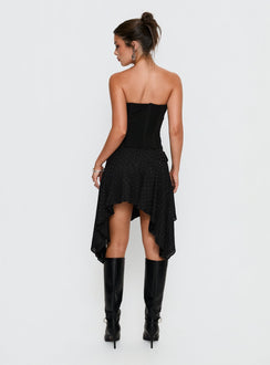 back view of model wearing Princess Polly Hevenna Asymmetrical Plisse Mini Skirt Black Diamante Mini Skirts Skirts 