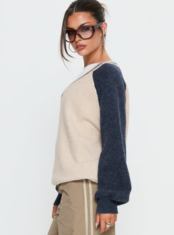 side view of model wearing Princess Polly Adana V Neck Graphic Knit Sweater Multi Longline Jumpers Jumpers 