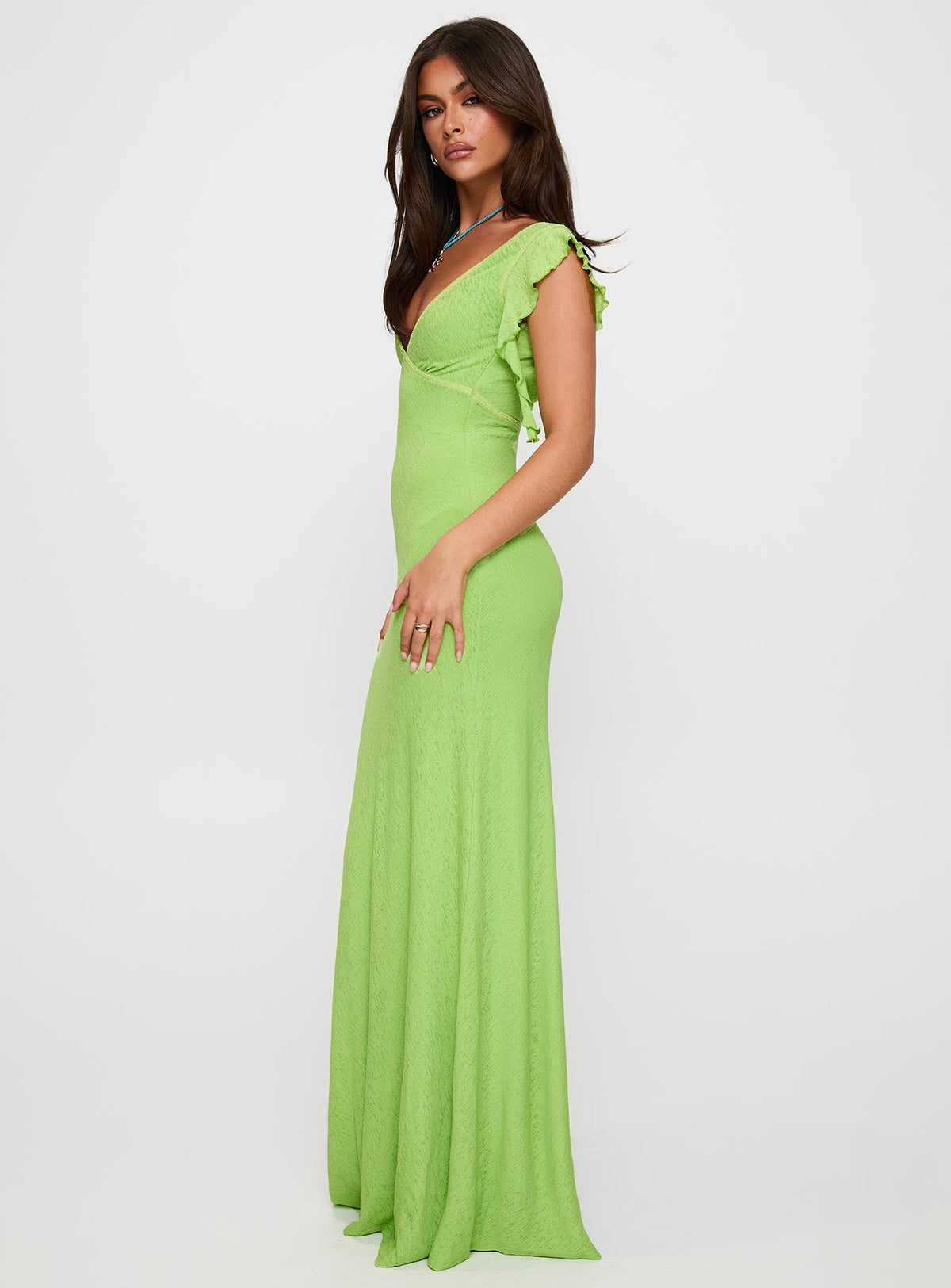 side view of model wearing Princess Polly Soleila Maxi Dress Green Tonal Plunger 
