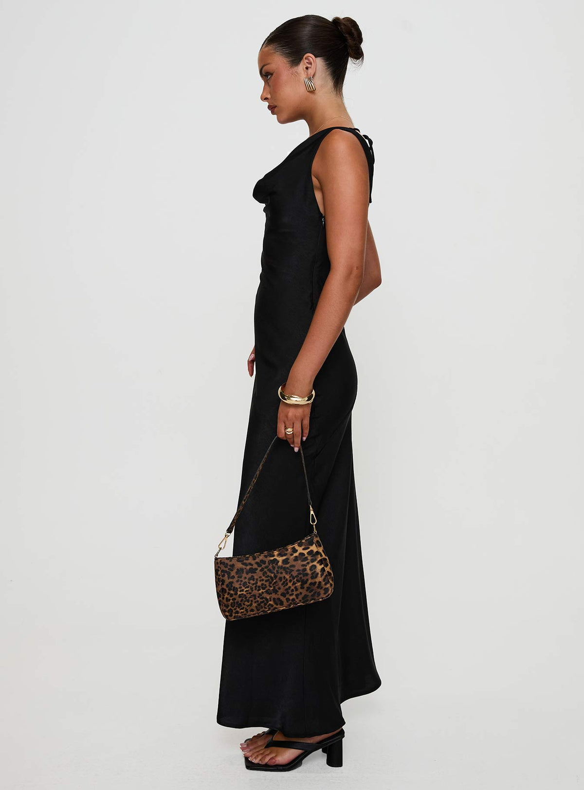 side view of model wearing Princess Polly Make Memories Cowl Neck Maxi Dress Black Cowl Neck 