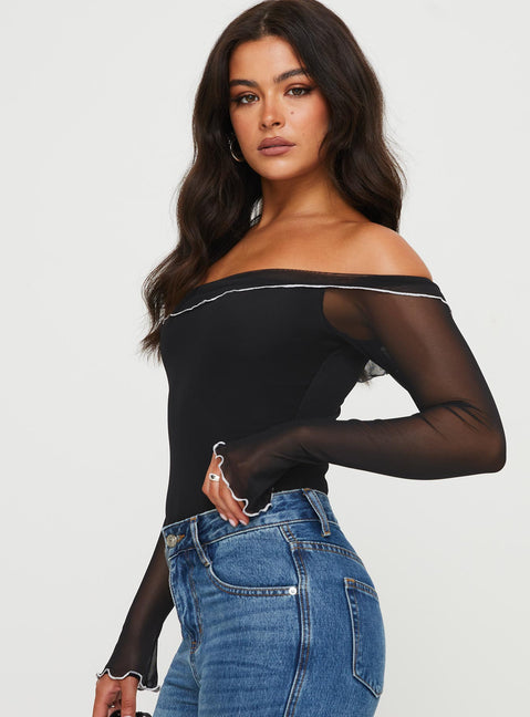 side view of model wearing Princess Polly Arsema Off The Shoulder Bodysuit Black Long Sleeve Tops Bodysuit 