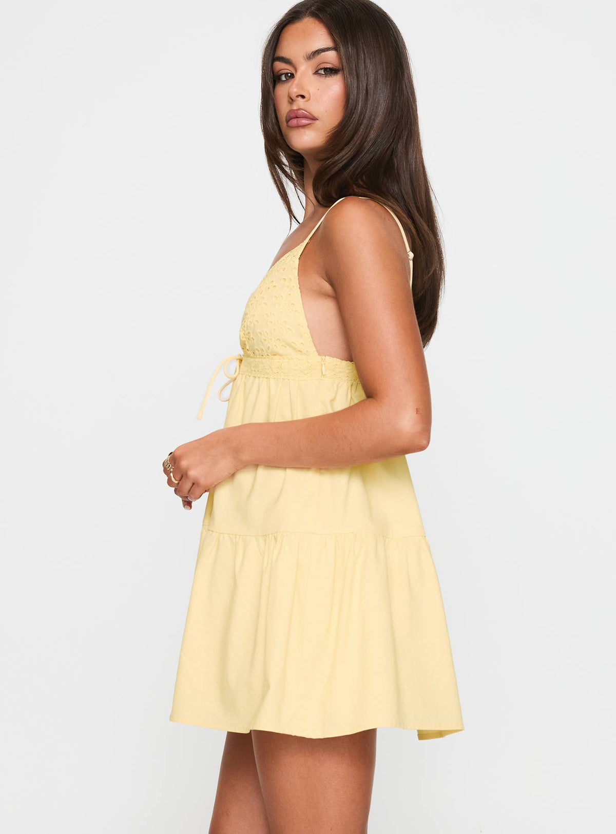 side view of model wearing Princess Polly Nicoletta Mini Dress Lemon Plunger 