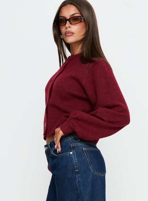 side view of model wearing Princess Polly Kammi Button Up Cardigan Red cropped Jumpers 