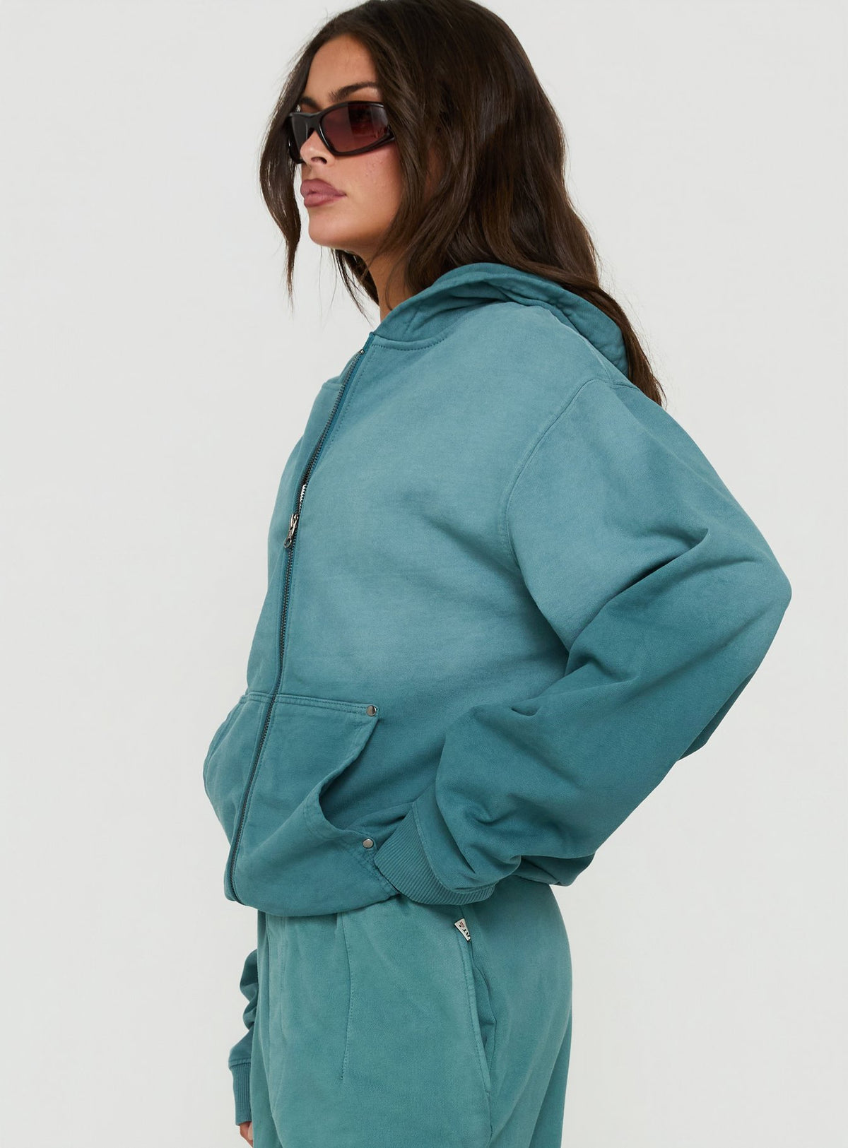 Explore the AT Zip Through Oversized Hoodie in Washed Teal womens-jumpers with short length product Princess Polly